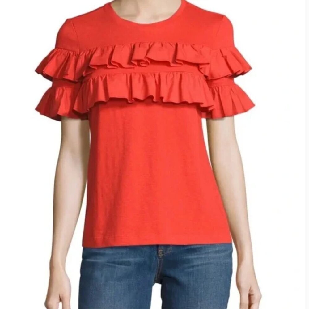 Tory Burch‎ Women Orange Ruffe Short Sleeve Top Size M Lenox Cotton